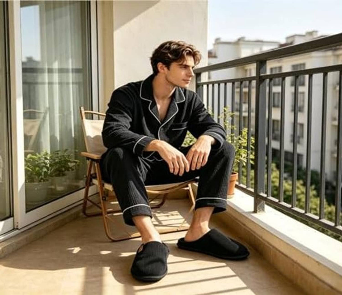 Men's black slip-on house slippers worn with pajama pants on a balcony floor.