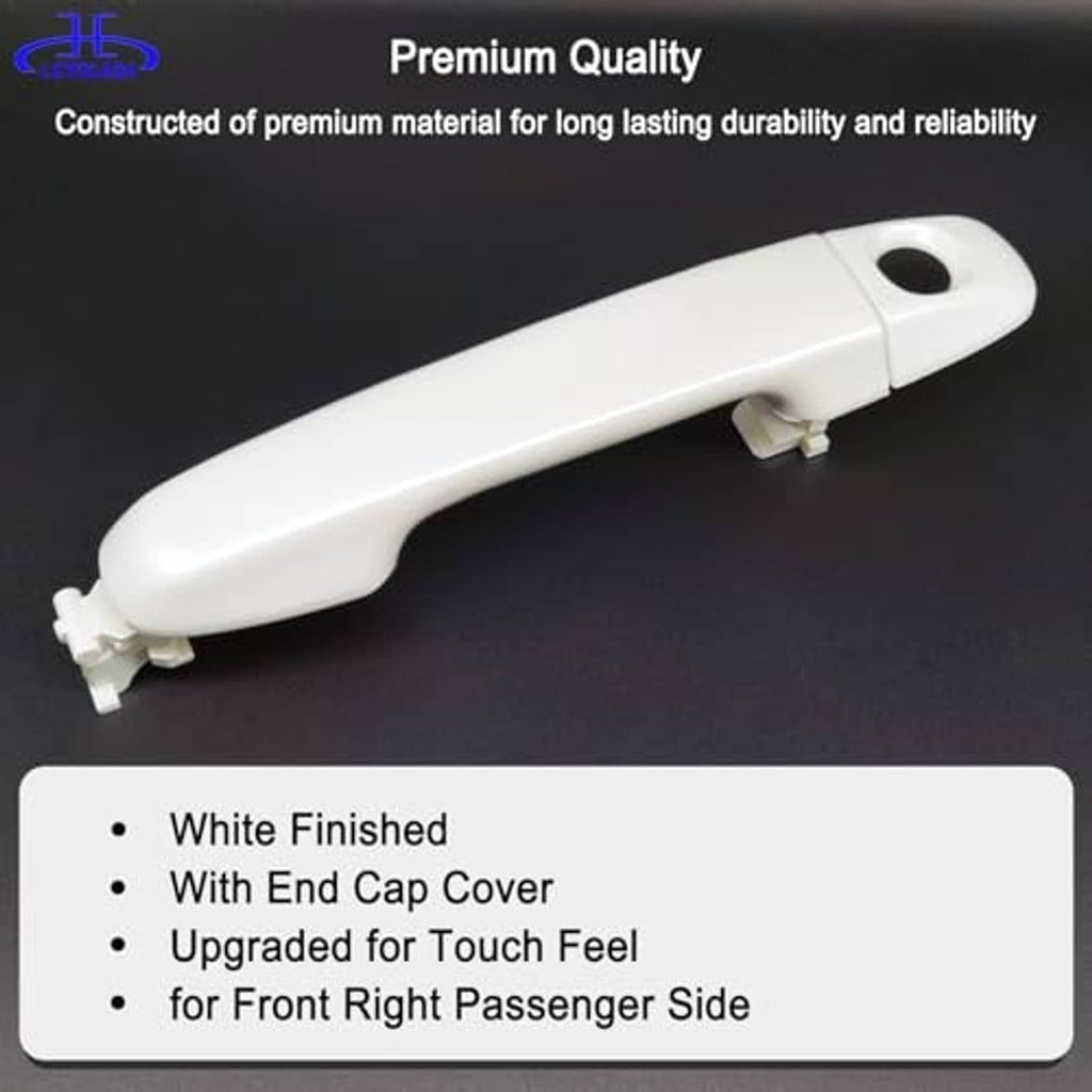 White front exterior door handle with side mounting tab and dark finish keyhole