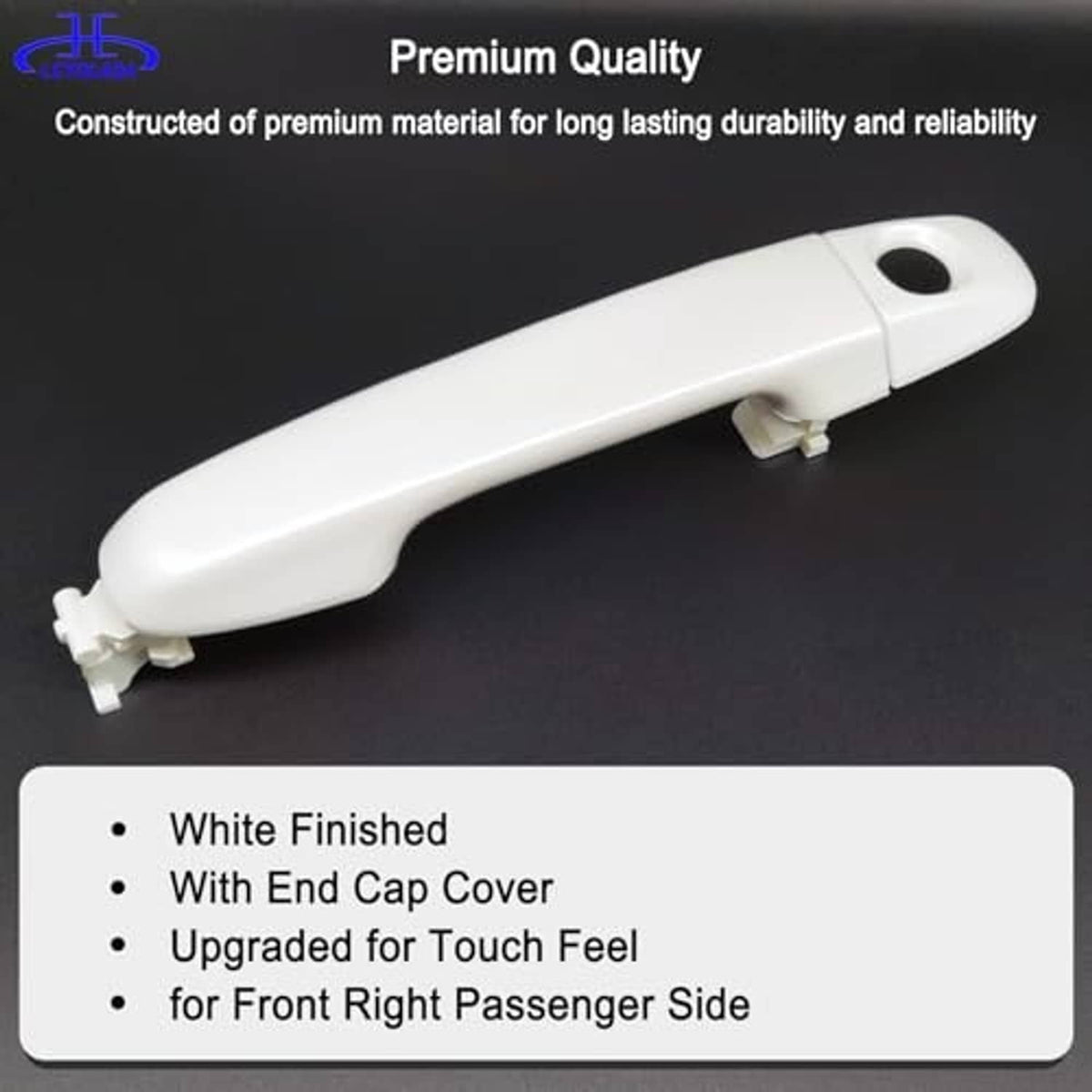 White front exterior door handle with side mounting tab and dark finish keyhole