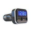 Dual USB car charger with blue LED volt meter display reading 12.80V