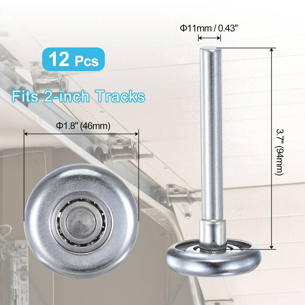 Silver garage door roller with round wheel and long stem, 12-pack set