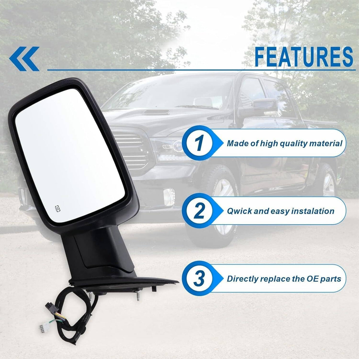 Black side mirror assembly with mounting bracket and wiring harness for quick replacement