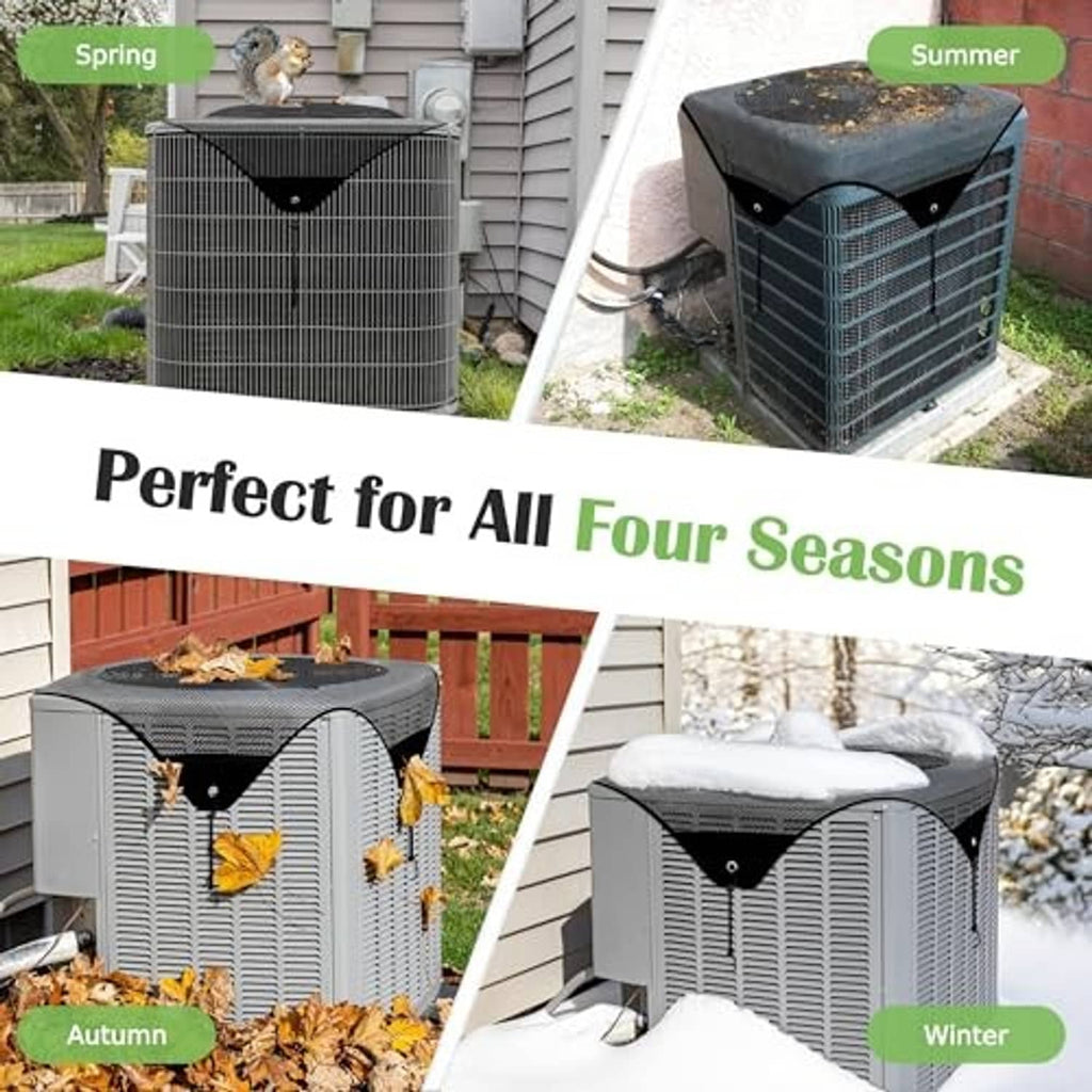 Outdoor AC unit mesh cover on outdoor condensers, dark breathable fabric with corner ties.