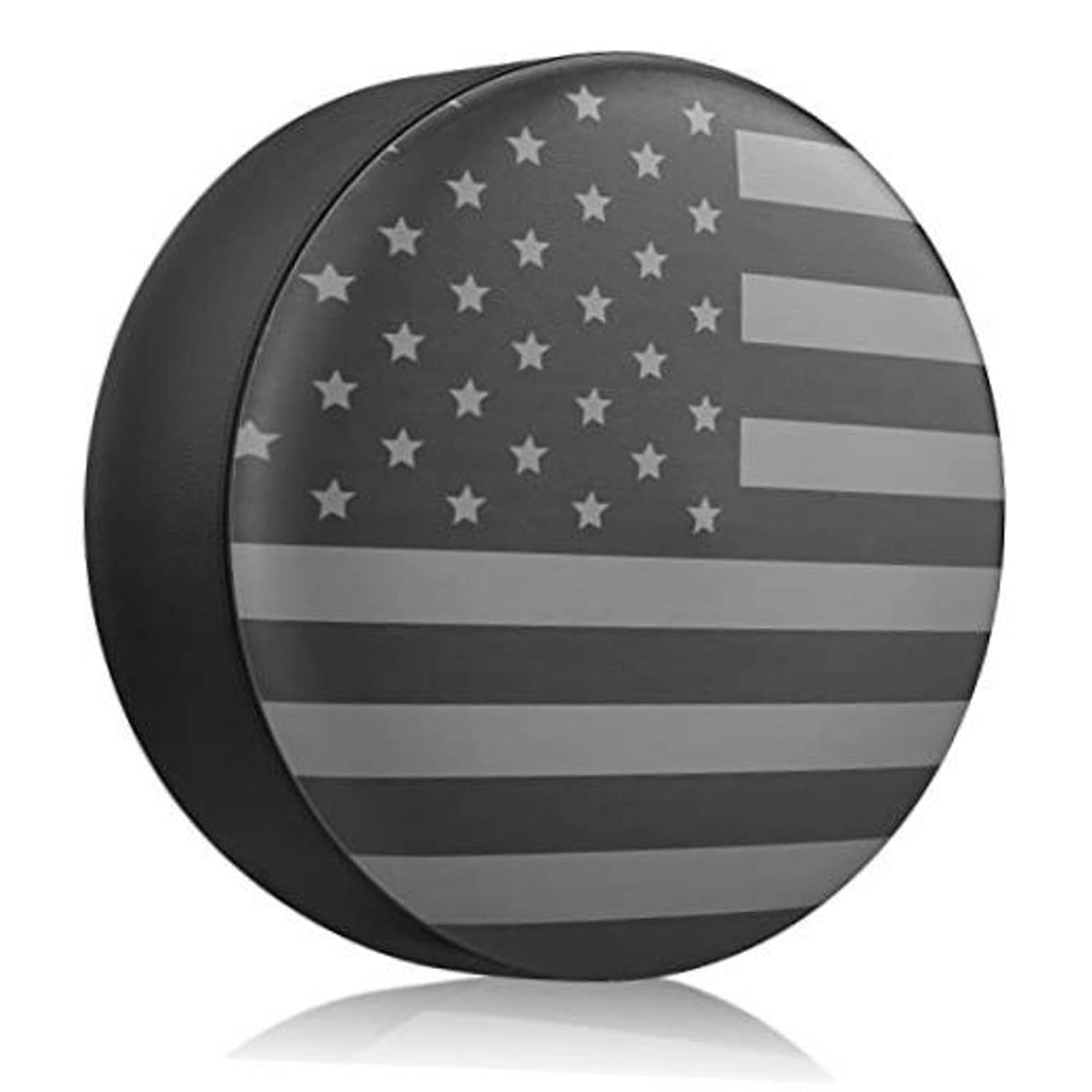 Black round spare tire cover with American flag stars and stripes for RV trailer