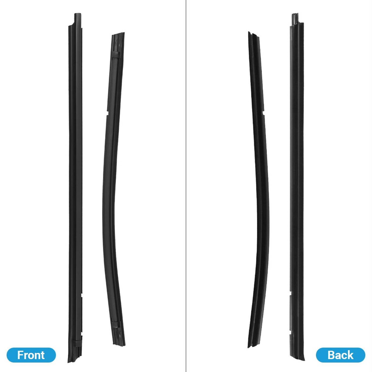 Set of black window weatherstrip trim seals with long vertical channel shapes