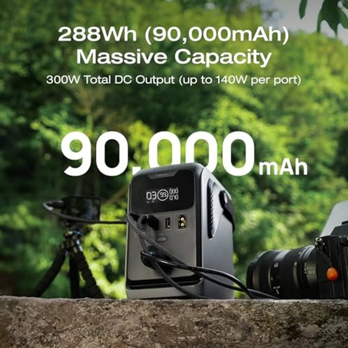 Portable power station with digital display and ports, black and gray
