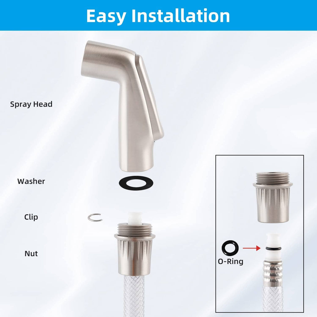 Brushed nickel sprayer head installation parts with O-ring and clip