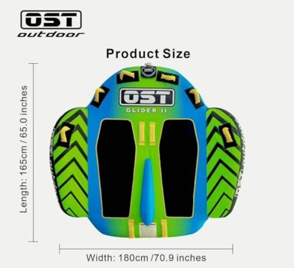 Two-person towable boat tube product size diagram with center fin and green side pods