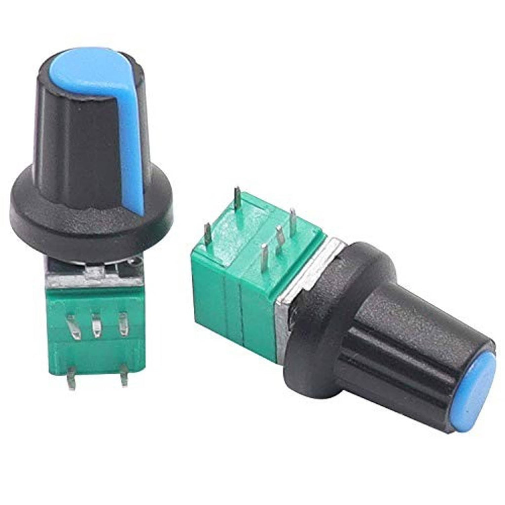 Two rotary potentiometers with switch, teal boards and black bodies with blue caps