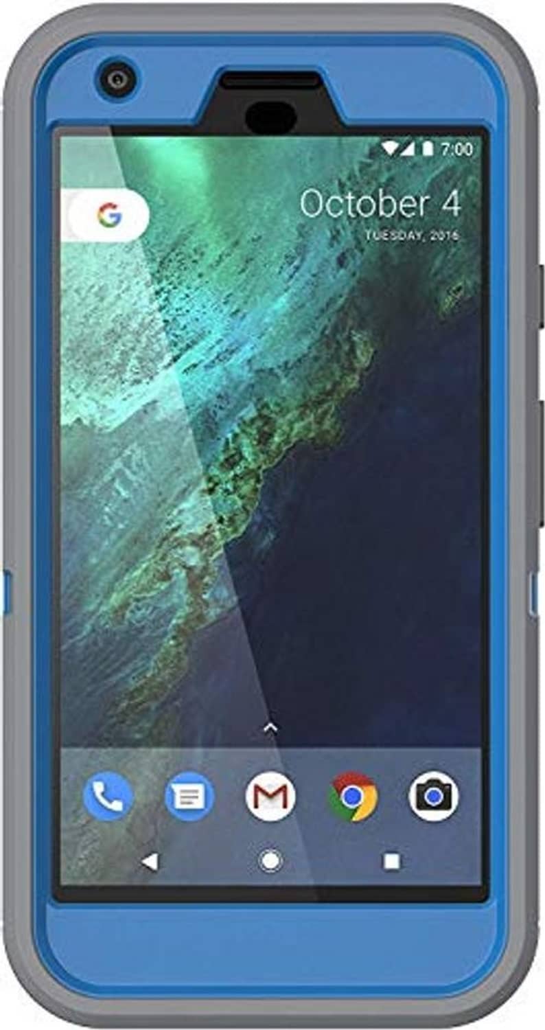 Rugged blue-and-gray Defender case with screen guard for Google Pixel XL