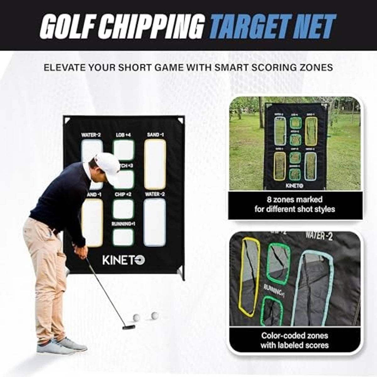 Kineto training target net with eight marked zones and bullseye target bag attached