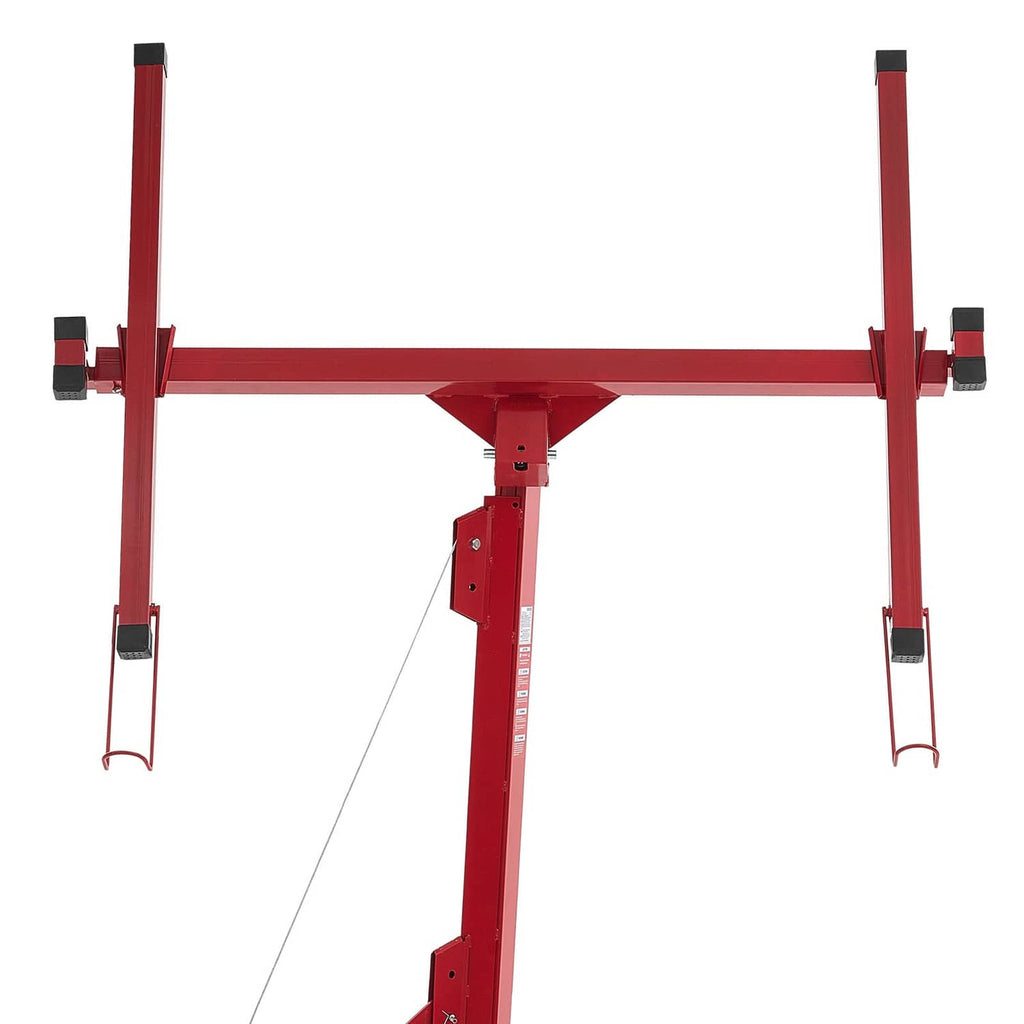 Red drywall hoist overhead frame with adjustable arm and hanging support straps