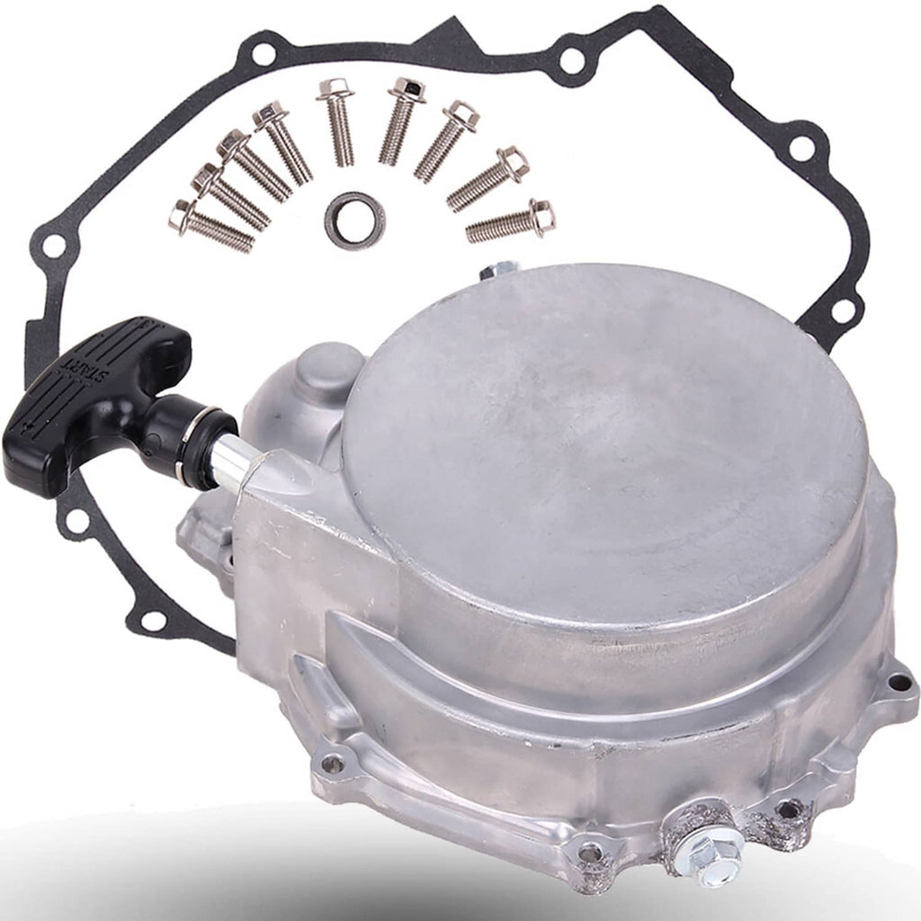 Recoil starter assembly with silver cover, black pull handle, and mounting screws