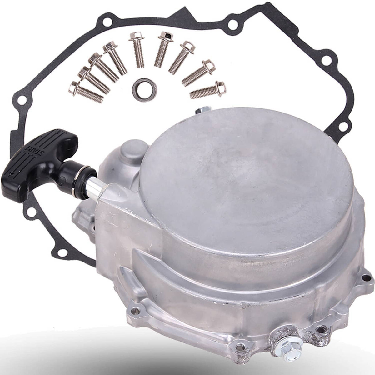 Recoil starter assembly with silver cover, black pull handle, and mounting screws