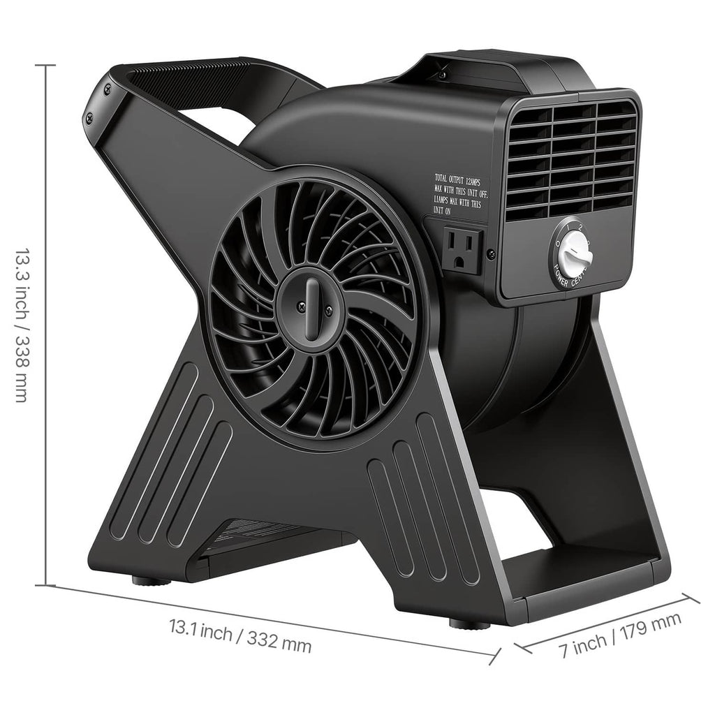 Black portable utility fan with circular grille and adjustable base, side view