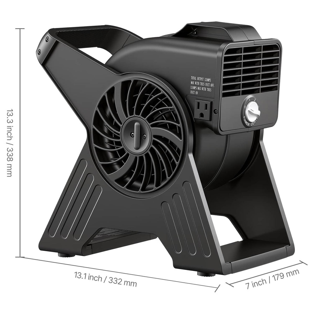Black portable utility fan with circular grille and adjustable base, side view
