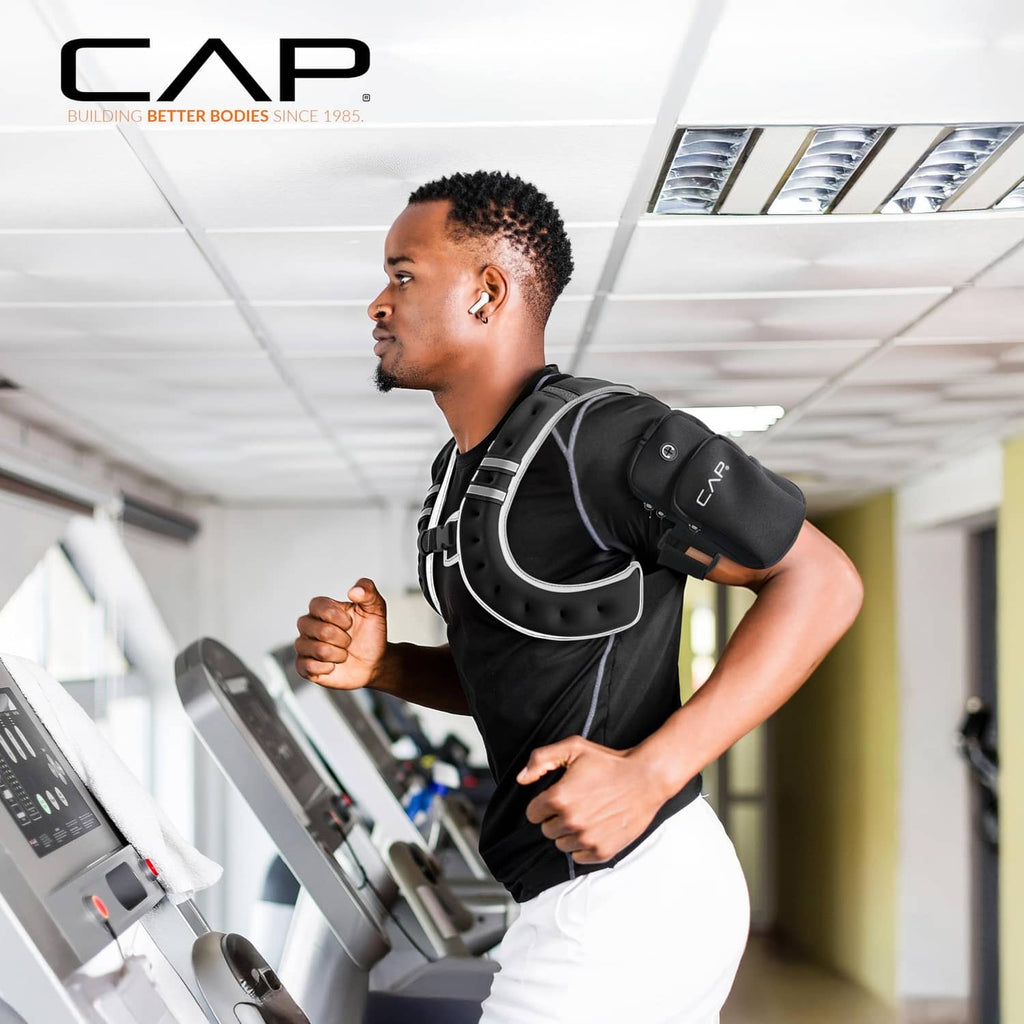 Unisex black weighted vest on runner with reflective trim and attached zip arm pouch