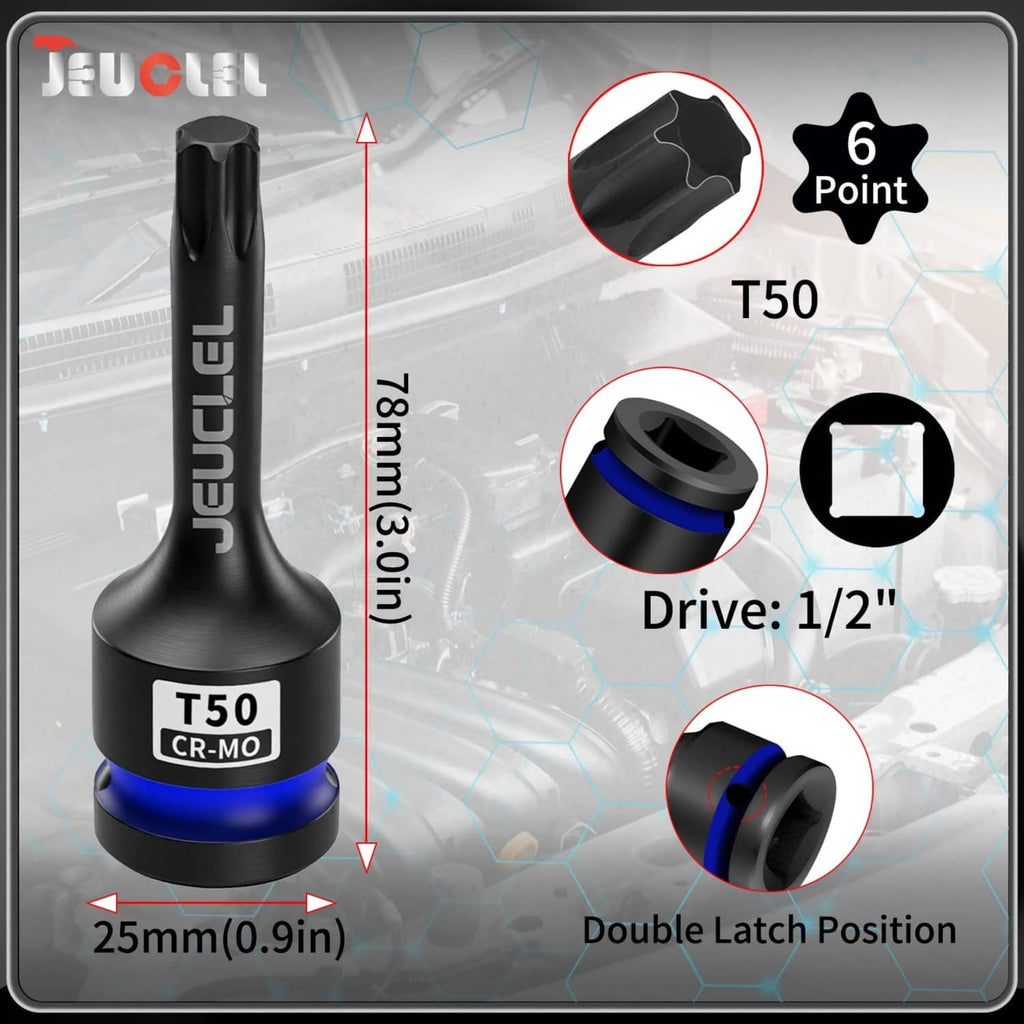 T50 Torx impact socket with blue ring and 1/2 in drive, six-point tip