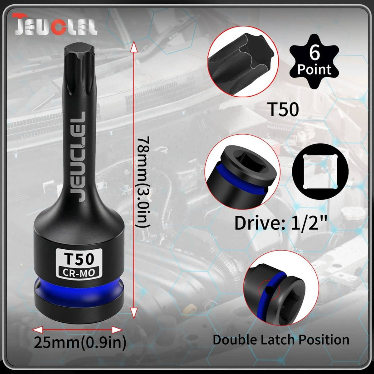 T50 Torx impact socket with blue ring and 1/2 in drive, six-point tip