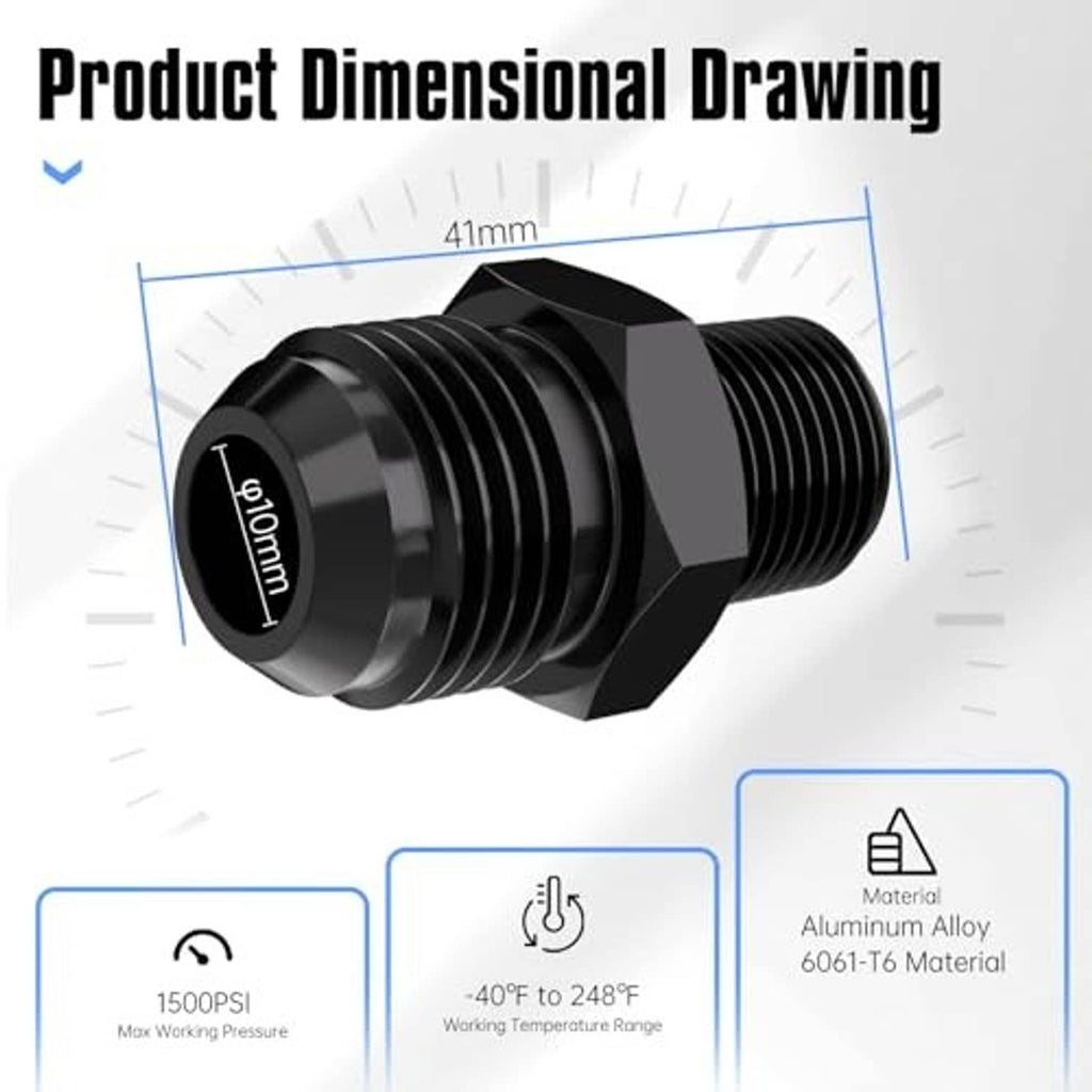 Black male flare to 3/8 NPT straight fitting adapter, dimension view