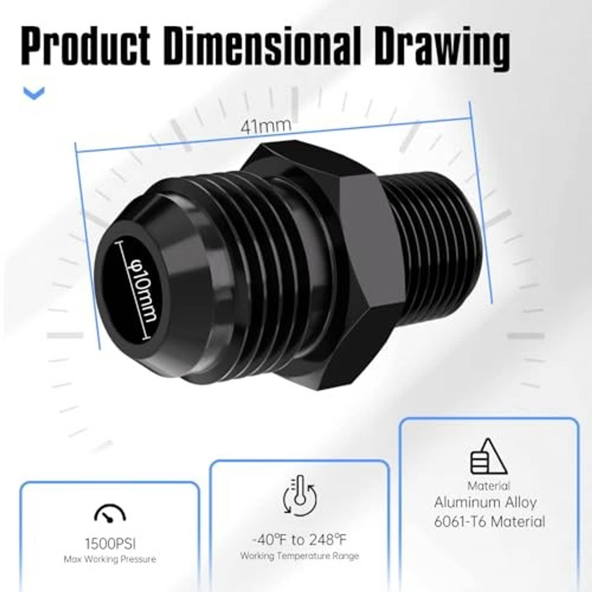 Black male flare to 3/8 NPT straight fitting adapter, dimension view