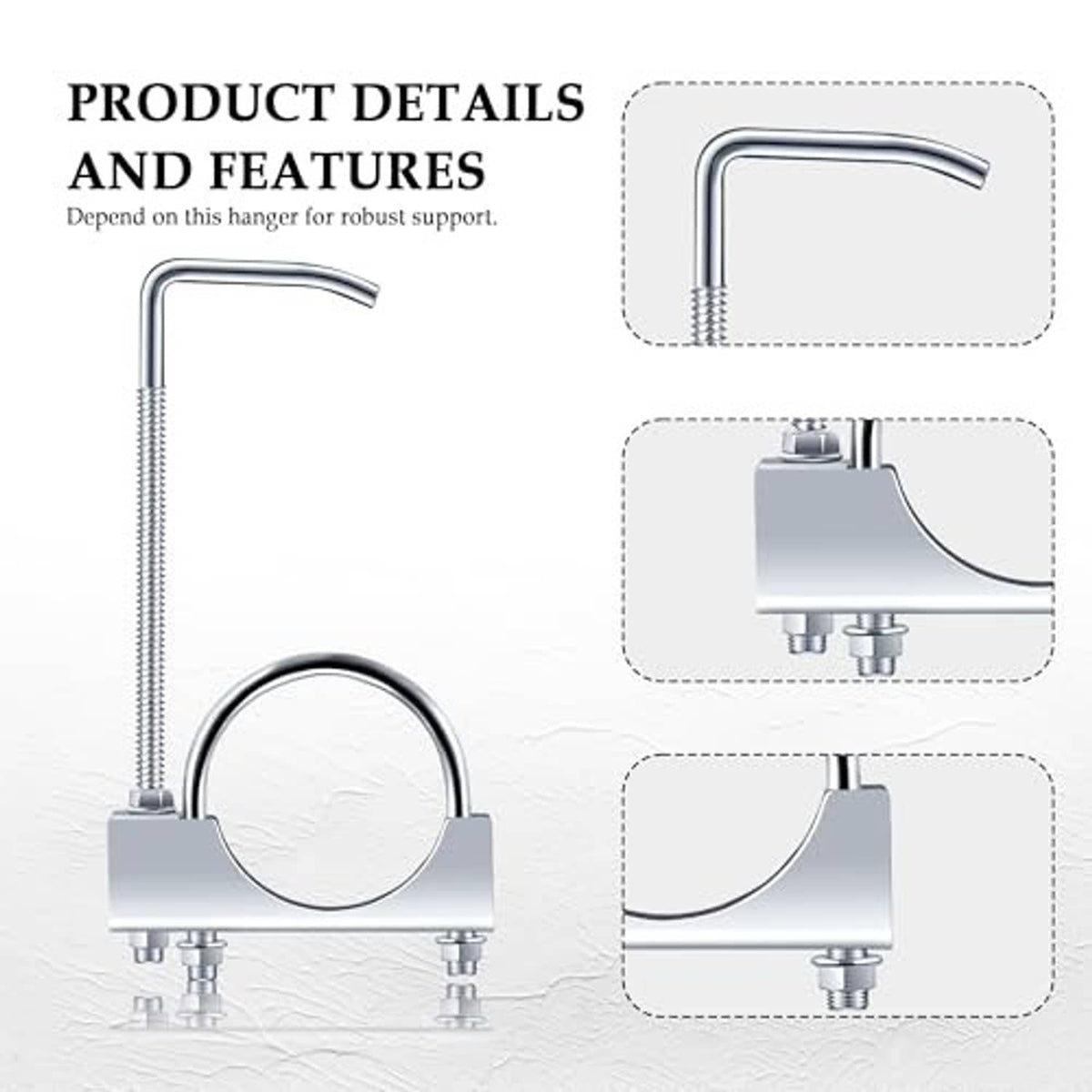 3-inch exhaust hanger clamp with curved U bar, coiled rod, and mounting base details