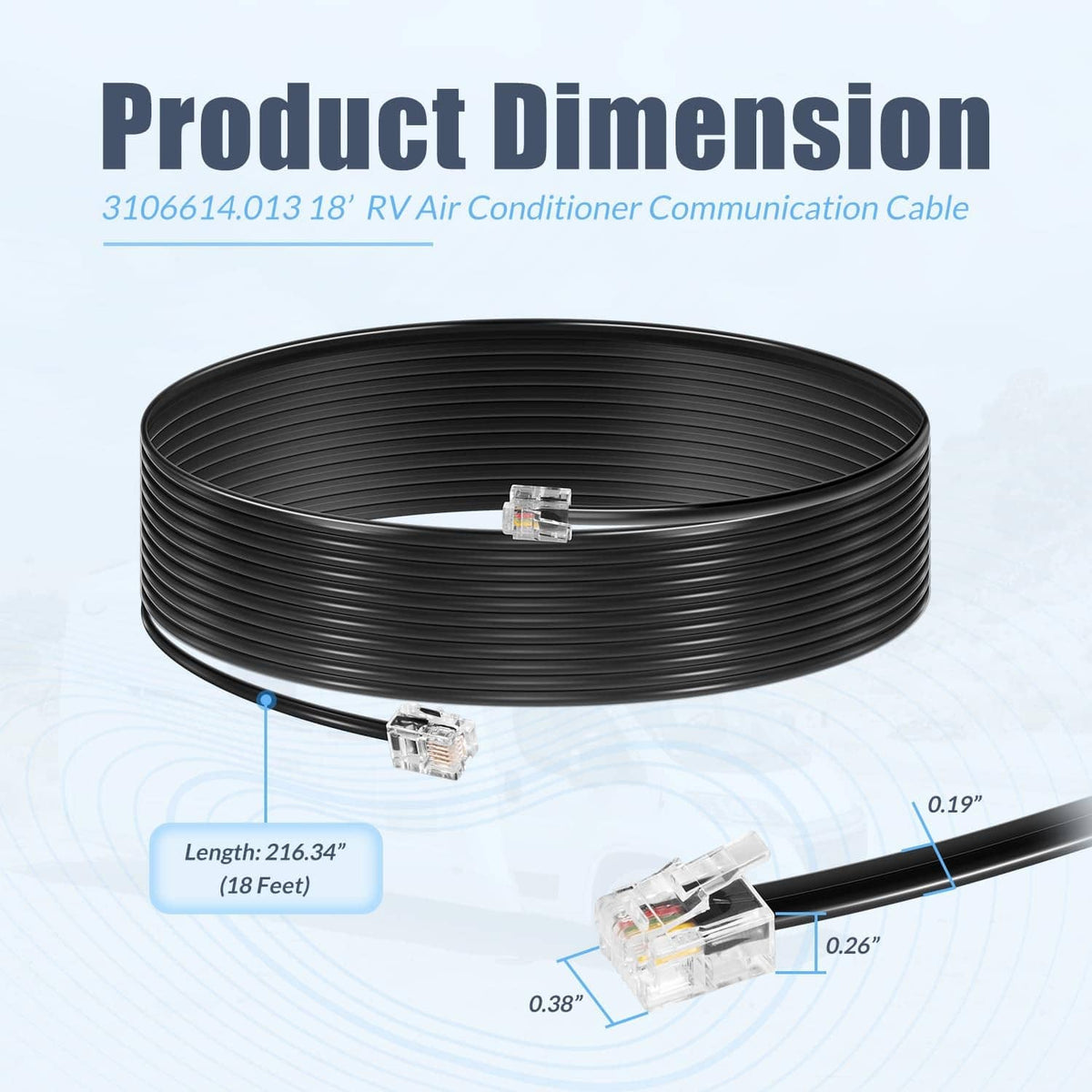 Circular coil of black communication cable with RJ11 connectors, 18 ft