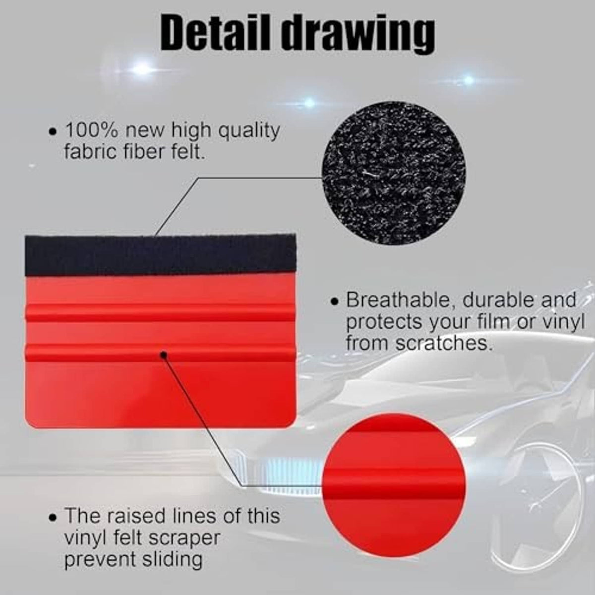Red felt-edge squeegee with ridged edge, durable scraper tool for vinyl film