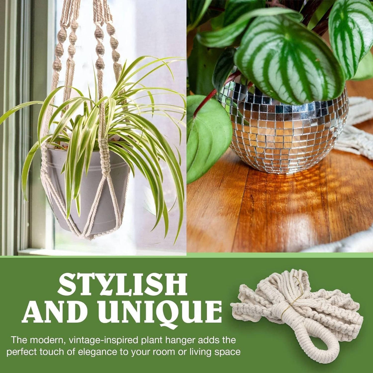 Off-white macrame plant hanger displayed with a pot on a wooden surface, short rope