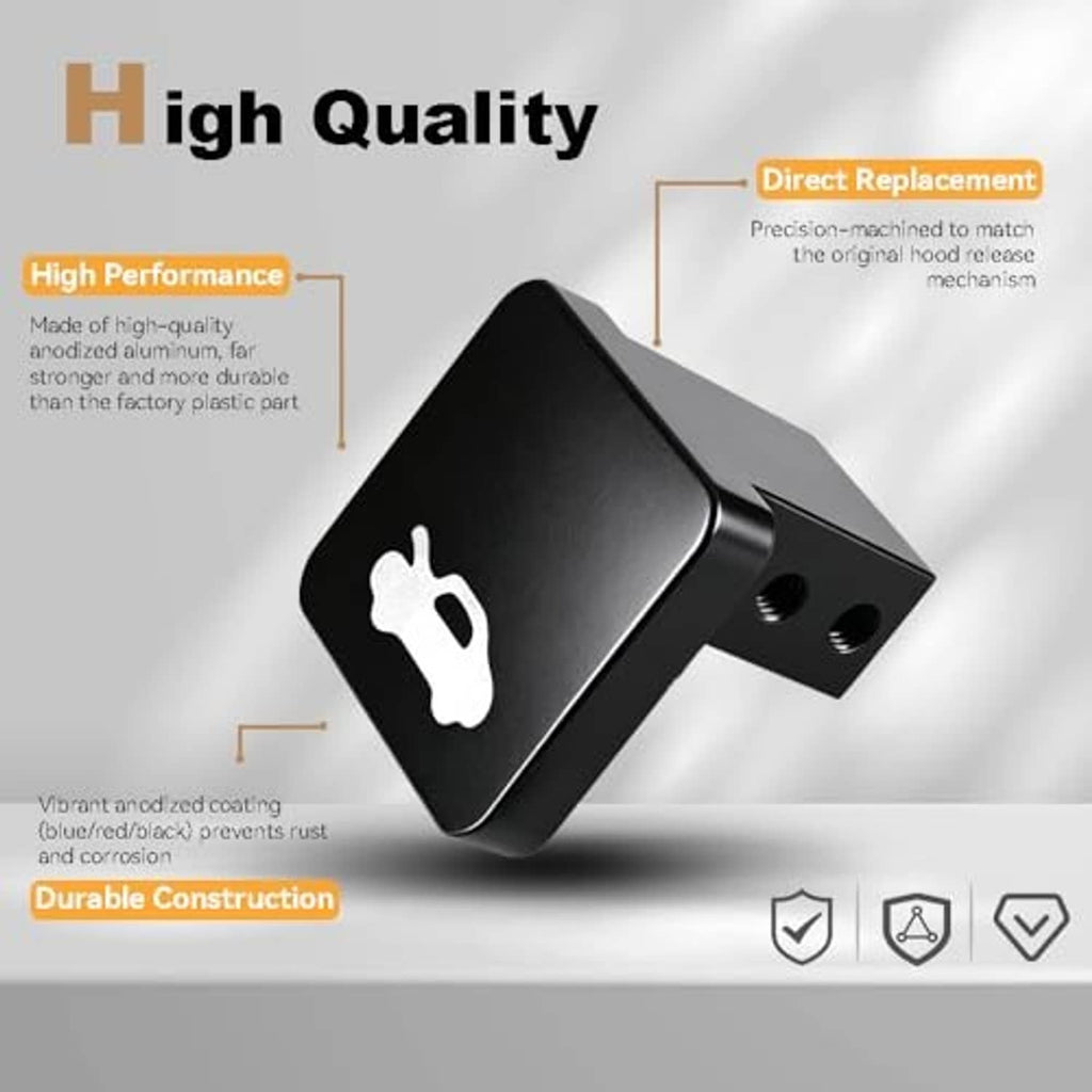 Black hood release latch handle replacement bracket with mounting holes and engraved symbol