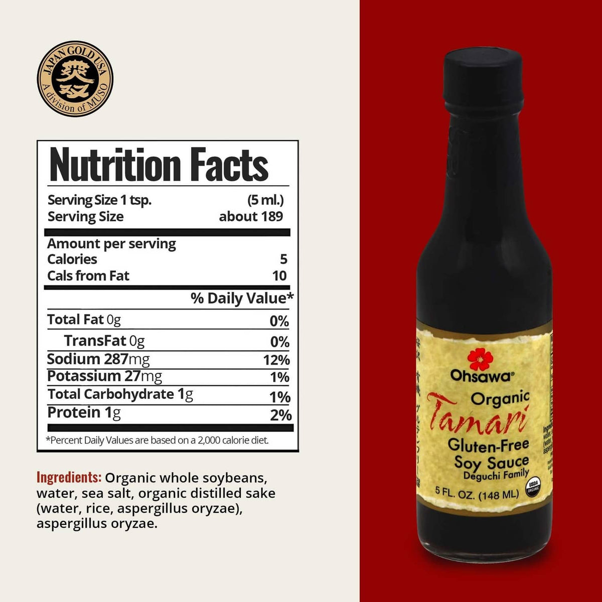 Organic gluten-free tamari soy sauce bottle with label, black cap
