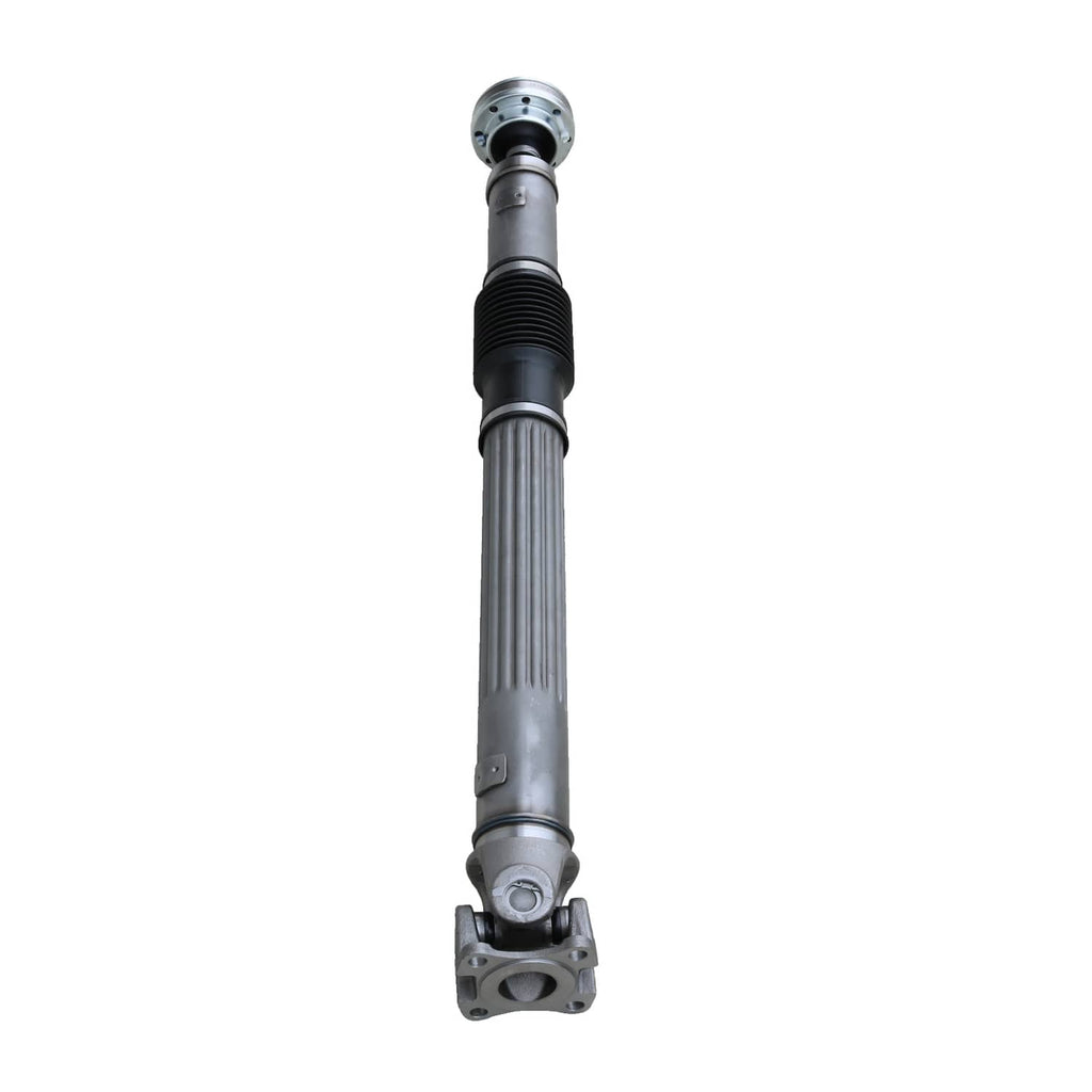 Front driveshaft with round top flange and black rubber boot, silver shaft