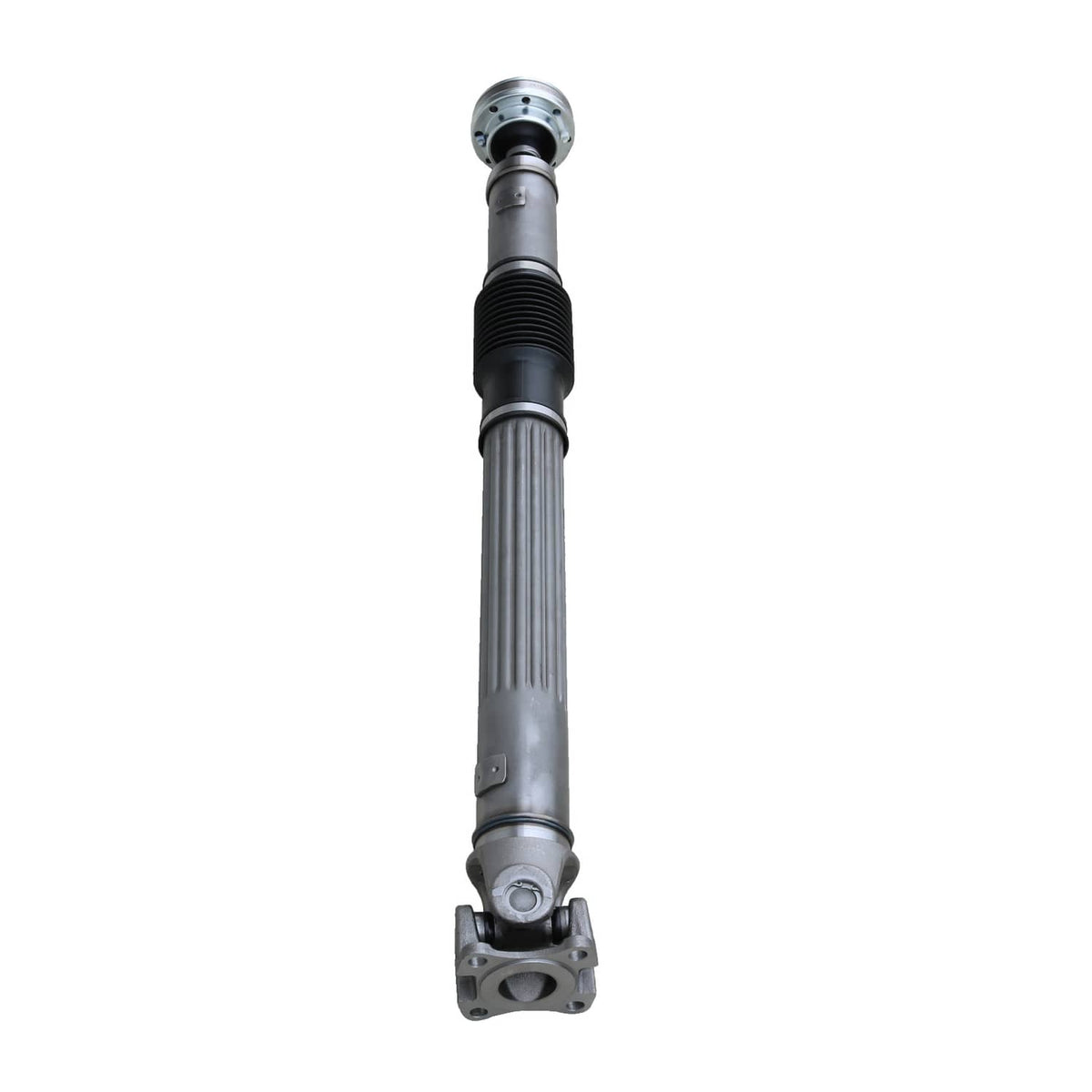 Front driveshaft with round top flange and black rubber boot, silver shaft