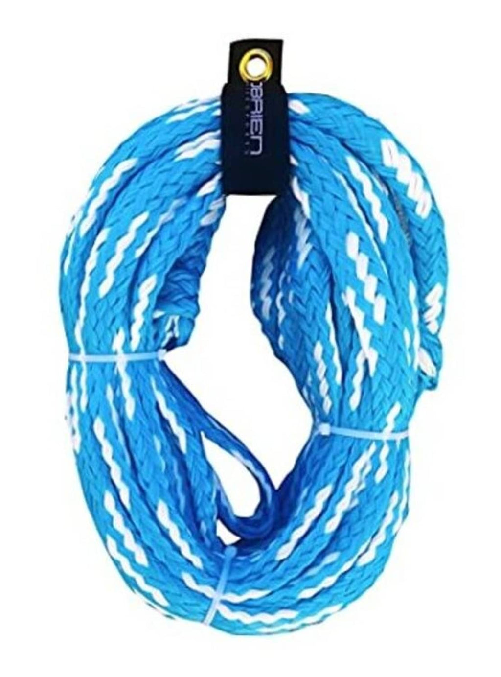 Blue braided floating tube rope with black strap and gold grommet