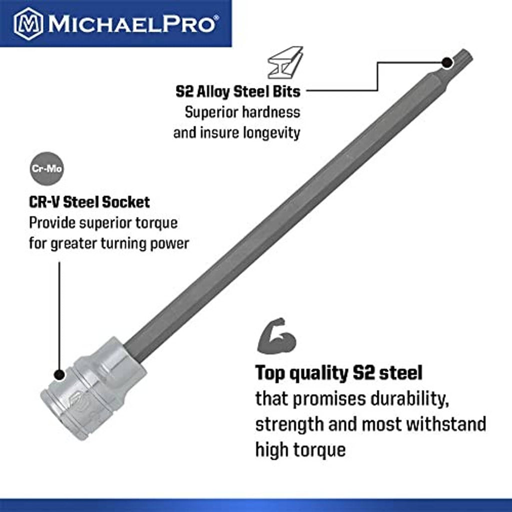 MichaelPro long Torx bit socket with chrome 3/8-inch drive end and dark gray shaft