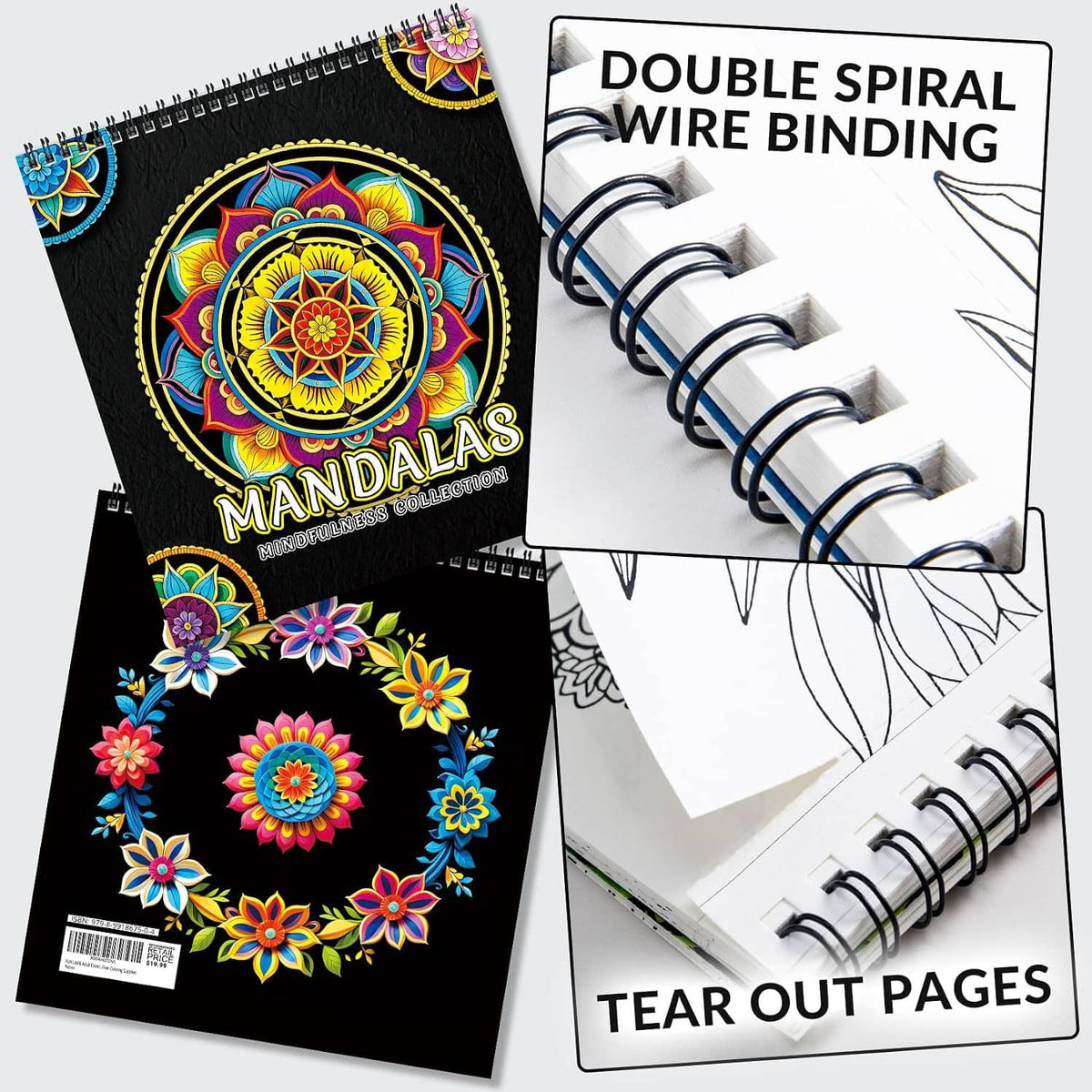 Mandala coloring book with double spiral wire binding and tear-out pages