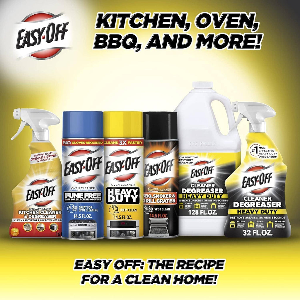 Heavy duty degreaser cleaner bottle with white trigger sprayer alongside other Easy-Off cleaners