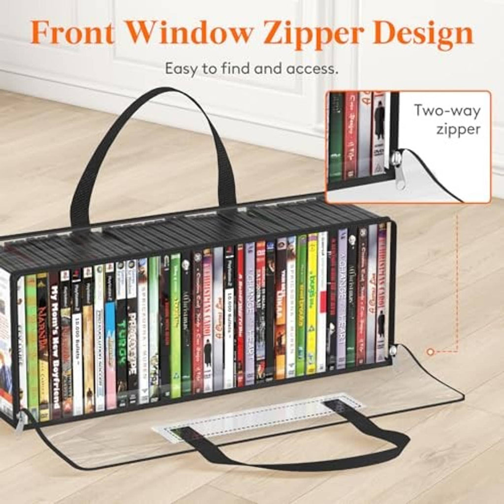 Clear PVC DVD storage bag with black handle and front window zipper