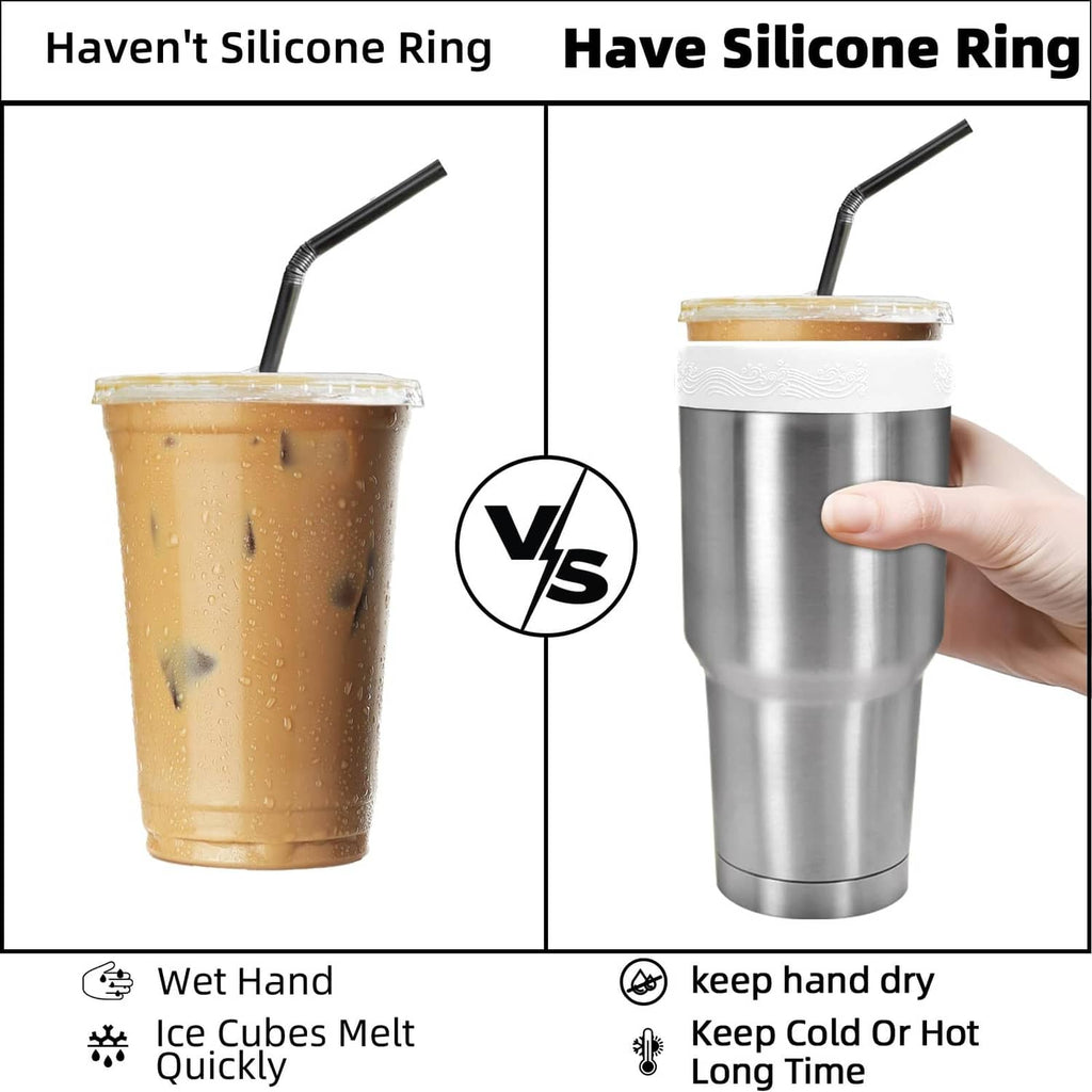 White silicone ring on top of a stainless tumbler with straw