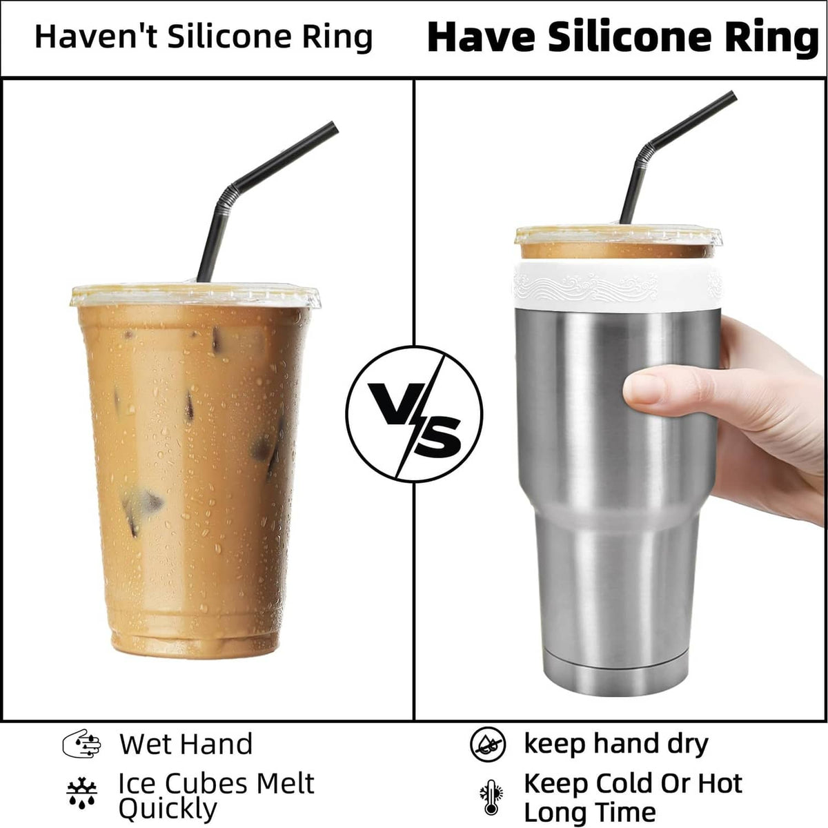 White silicone ring on top of a stainless tumbler with straw