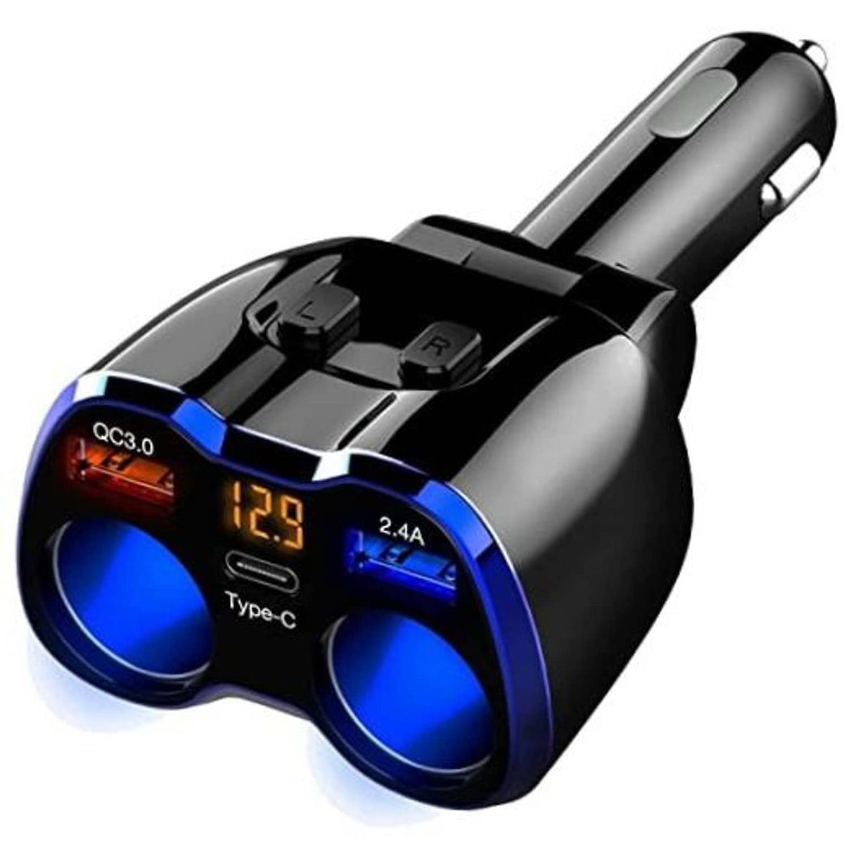Black car cigarette lighter splitter with dual blue USB/Type-C ports and LED display