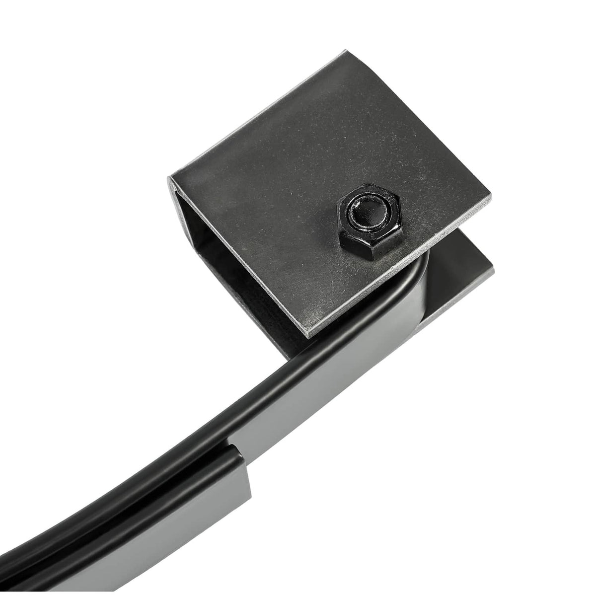 Black steel spring hanger bracket with threaded bolt head