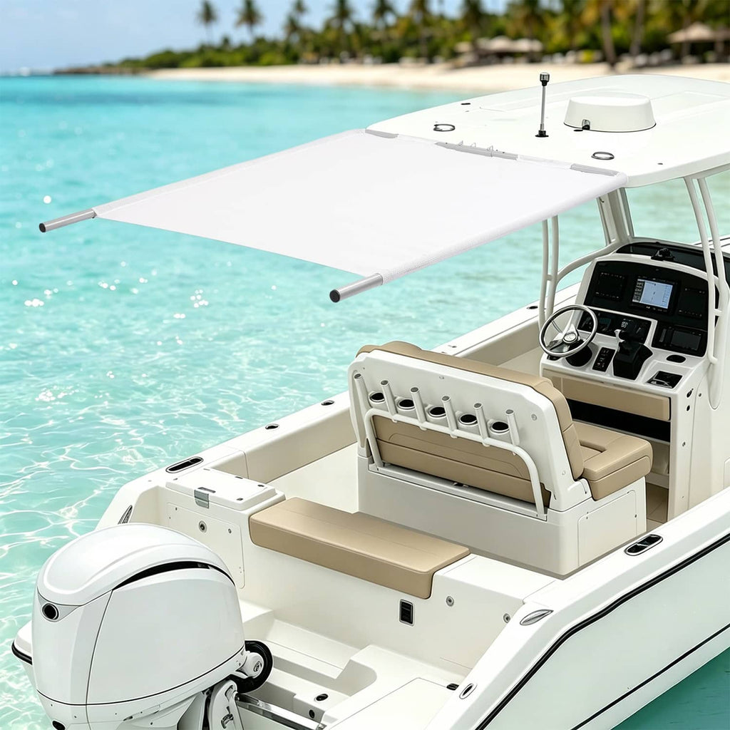 Boat sun shade canopy over deck area with white fabric and silver aluminium poles