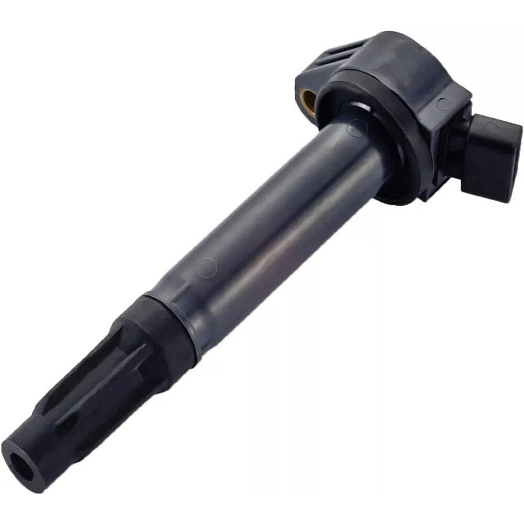 Black ignition coil with connector plug, long cylindrical body detail