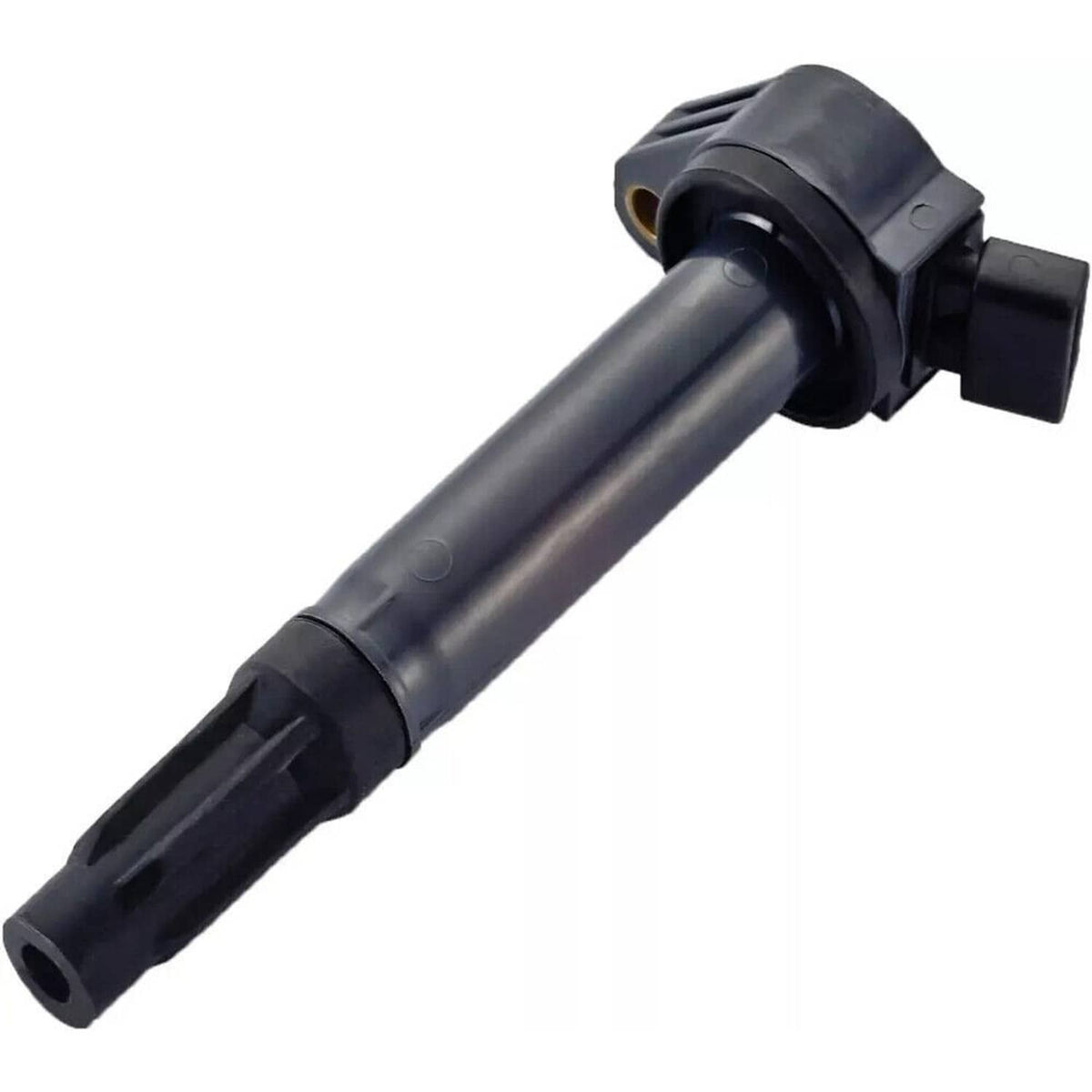 Black ignition coil with connector plug, long cylindrical body detail