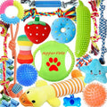 Assorted plush squeaky dog toys with braided rope, fish, strawberry, and spiky balls