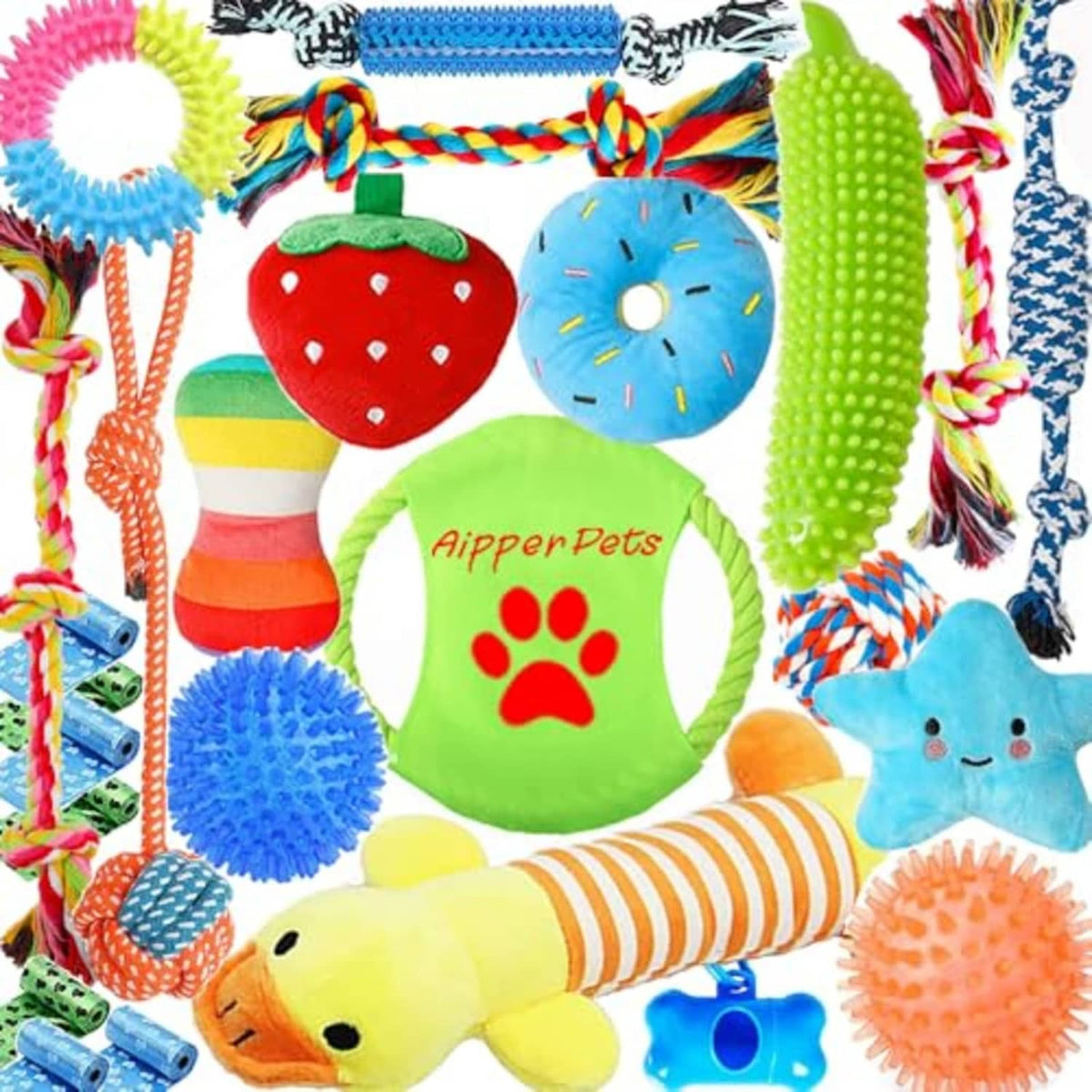 Assorted plush squeaky dog toys with braided rope, fish, strawberry, and spiky balls