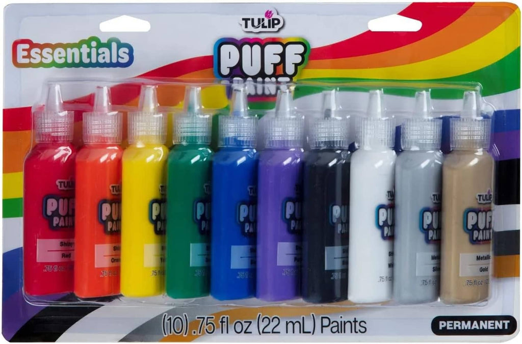 Assorted capped puff paint bottles in rainbow shades, 10 colors, multi-surface
