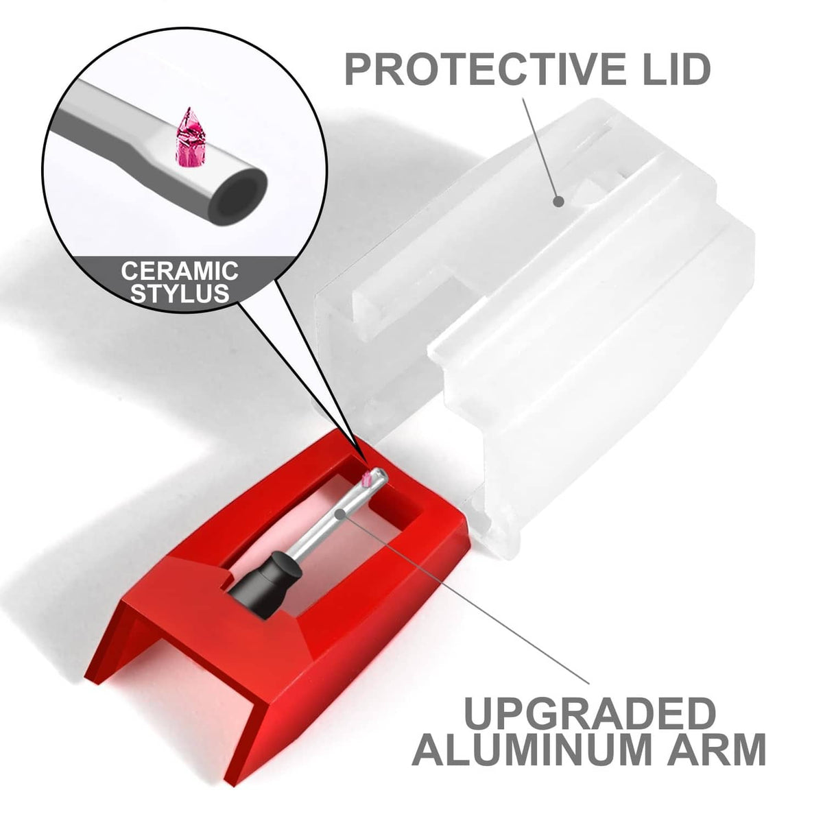 Red record player needle set with protective clear lid and visible stylus tip