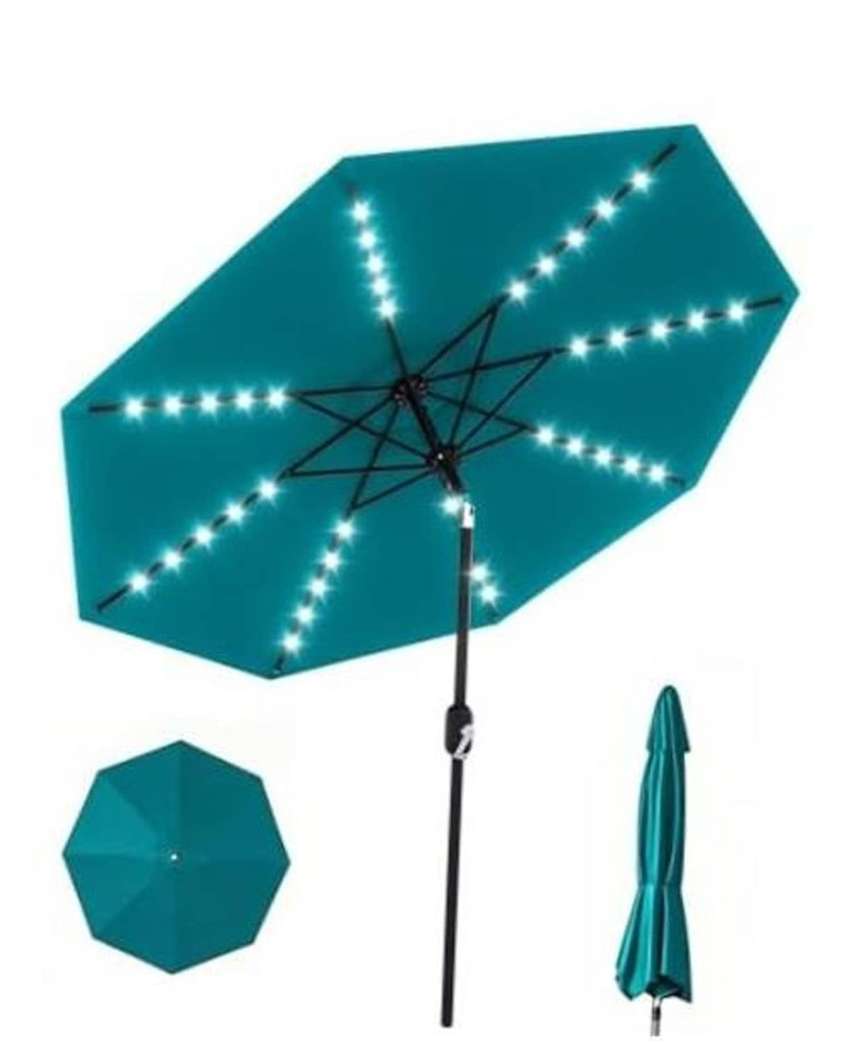 Teal patio umbrella with solar string lights and tilt crank handle